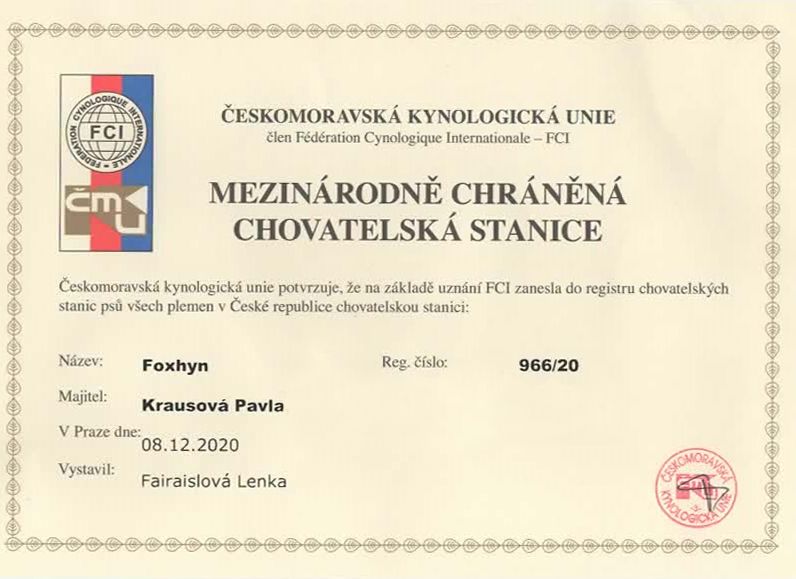 Certifikát chovatelské stanice Foxhyn